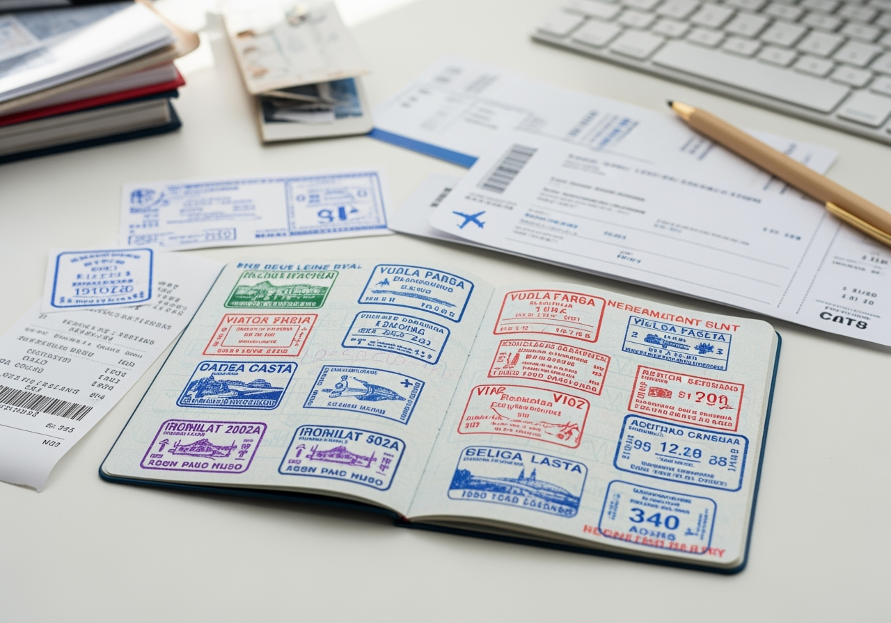 Open passport with visa stamps and travel documents